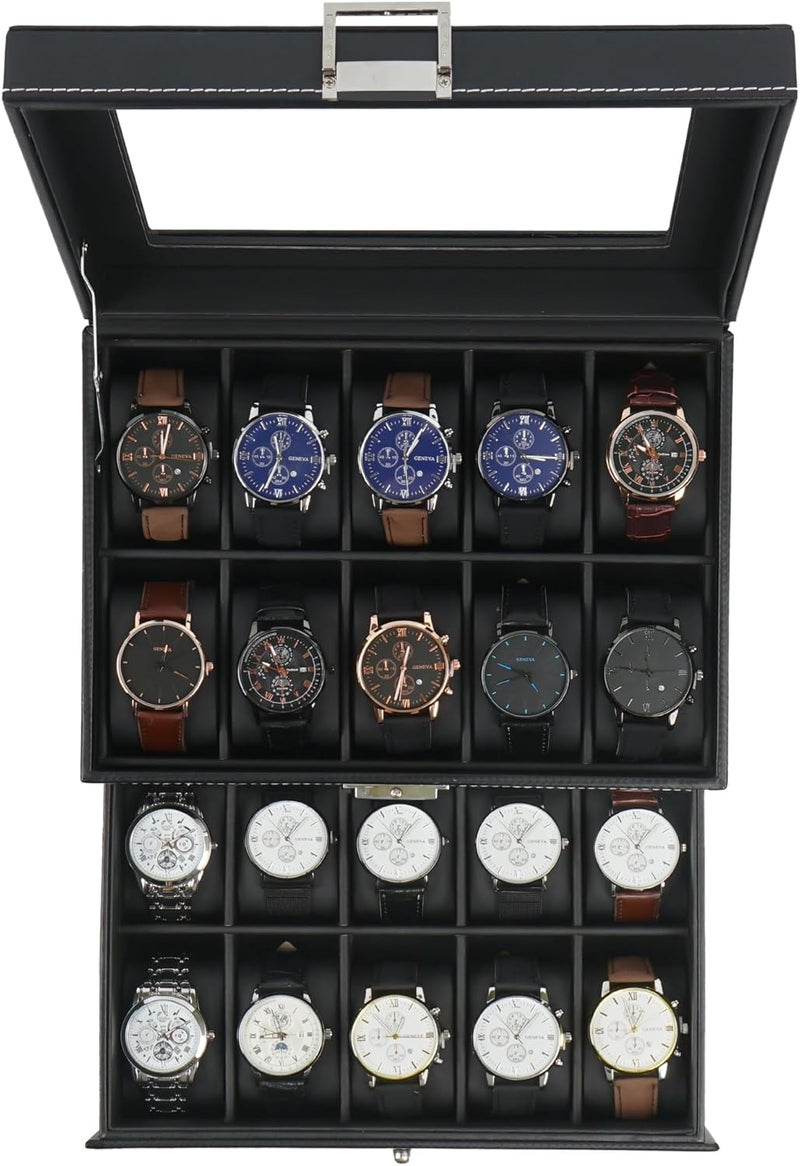 Jenseits Watch Box, 20 Slot Watch Case for Men, 2 Layers Lockable Watch Display Case with Glass Lid, Large Capacity Watch Storage Organizer, Gift for Loved Ones, Luxury Watch Holder (Black) - Image 1